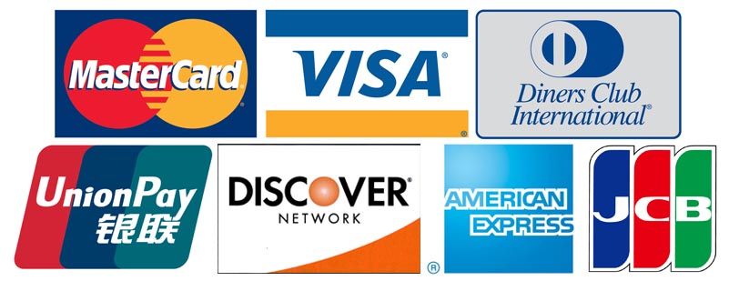 Visa, MasterCard, DinersClub, UnionPay, Discover, American Express, JBC